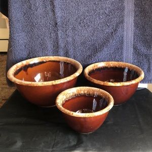 Hull 3 mixing bowls brown drip American pottery USA midcentury early 1960’s